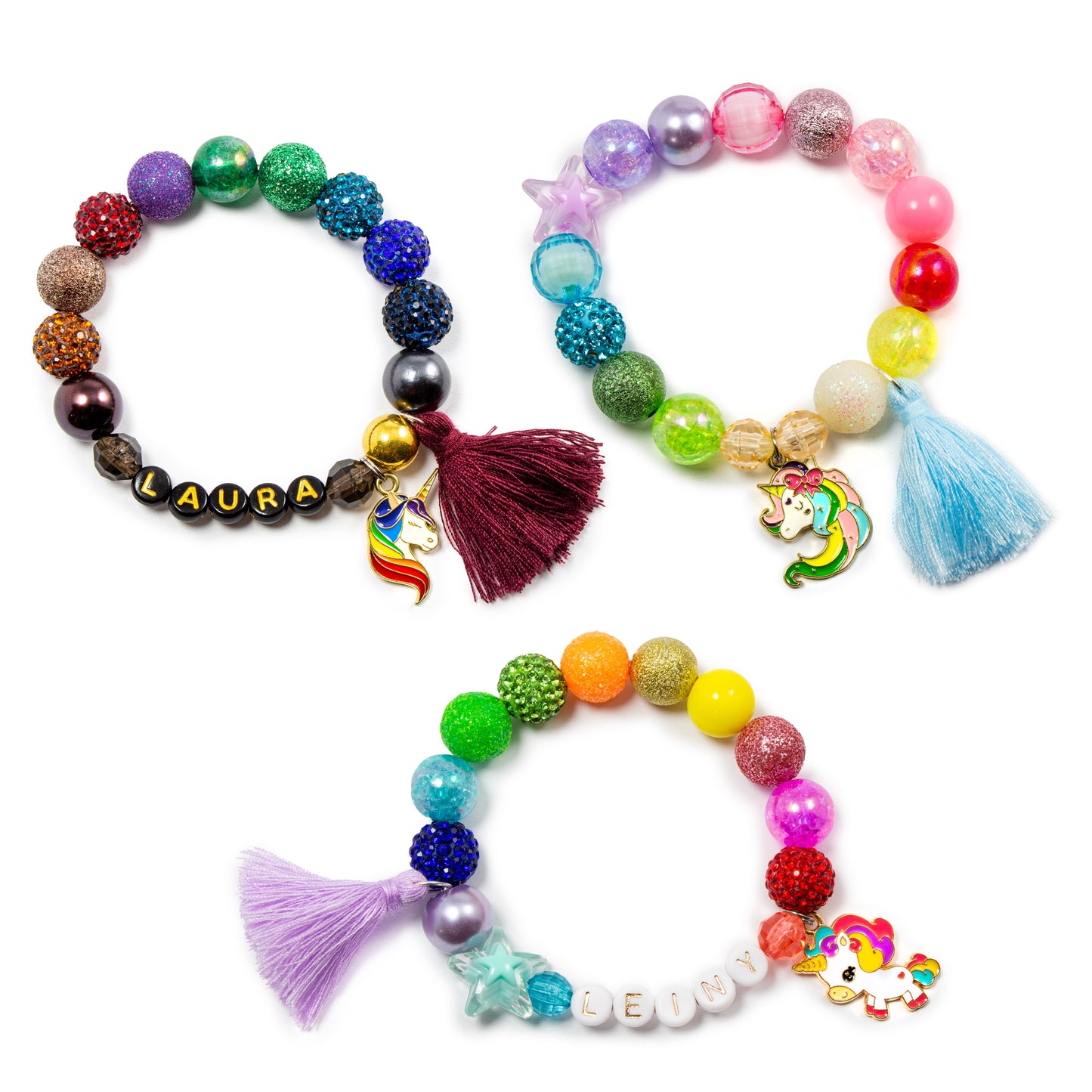 Girls unicorn charm pastel tassel bracelet / Personalized jewelry stretch