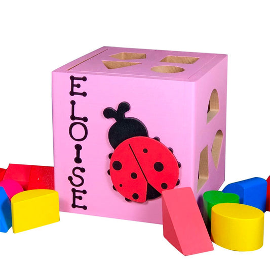 Pink shape sorting box / wooden baby toy ladybug / Montessori gift for one year old