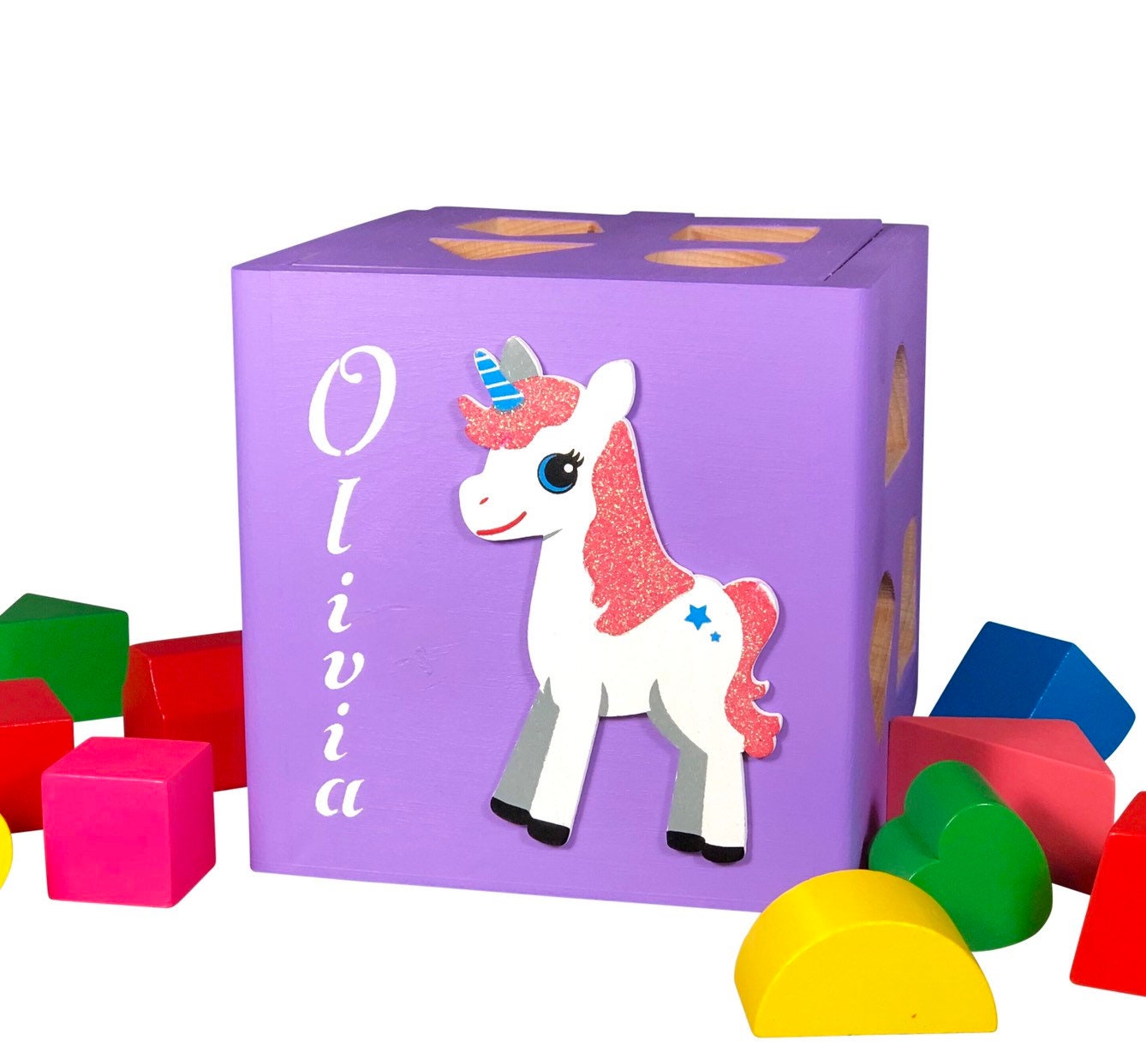 Unicorn baby gift / New baby gift idea / shape sorting box