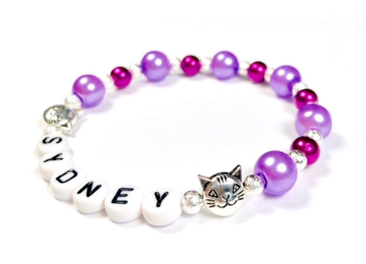 Girls Cat bracelet / Rainbow pearl bracelet