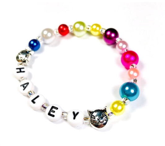 Girls Cat bracelet / Rainbow pearl bracelet