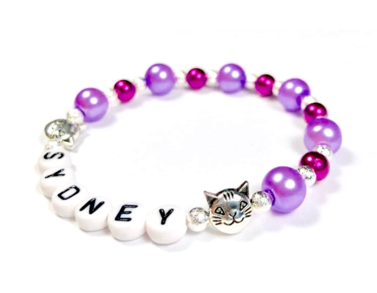 Cat bracelet girls jewelry purple/rainbow/pink personalized