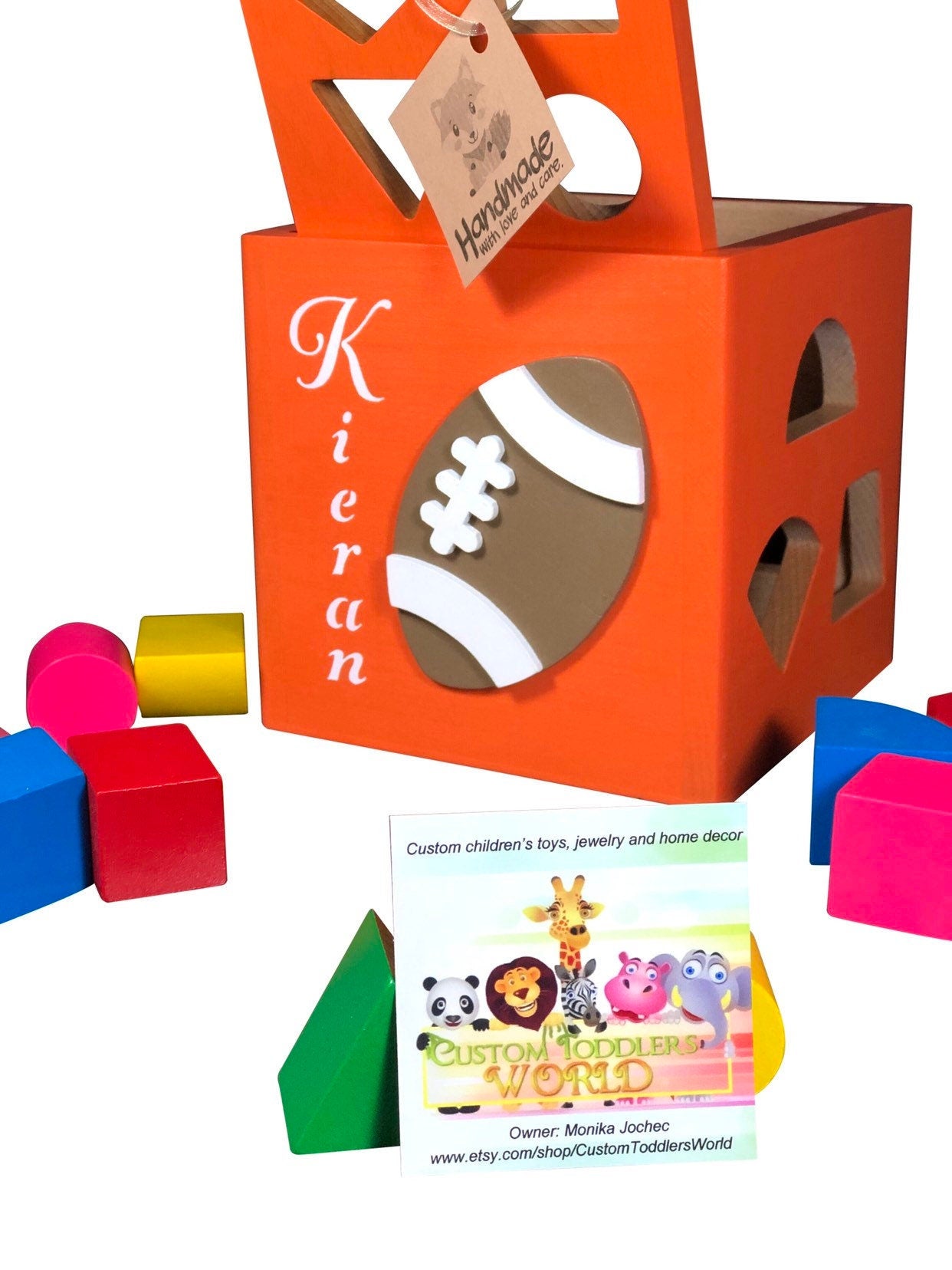 Parents choice baby gift 2022 / custom shape sorting cube / personalized / sports theme / football