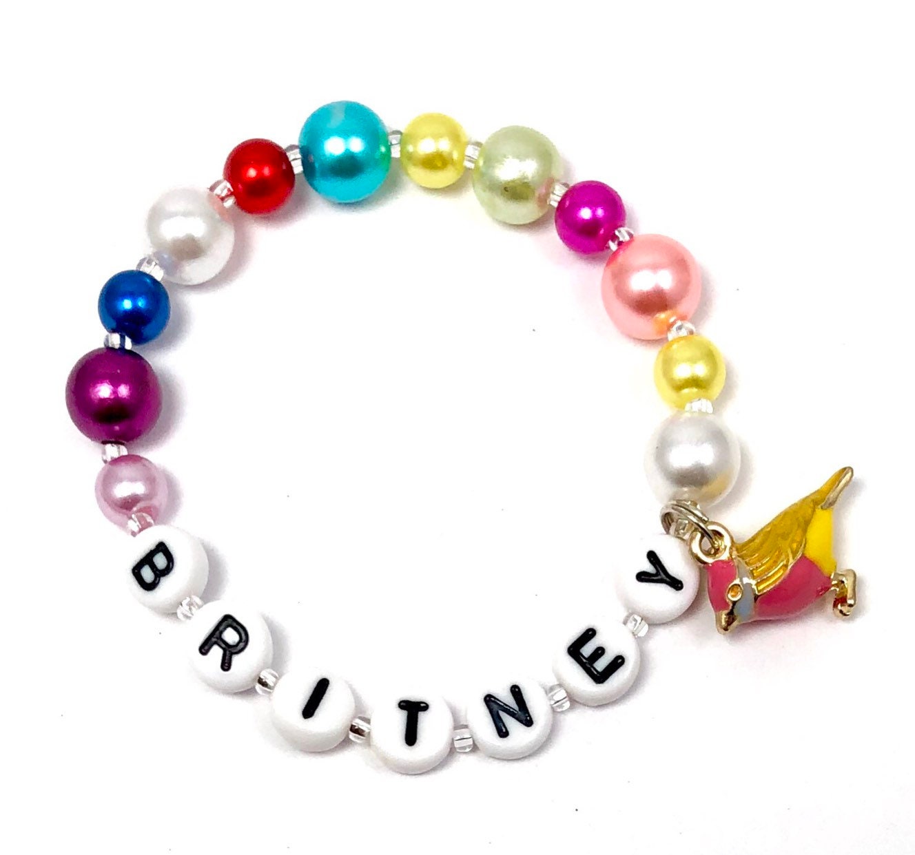Girls rainbow bracelet / rainbow pearl bracelet / kids bird charm bracelet / personalized
