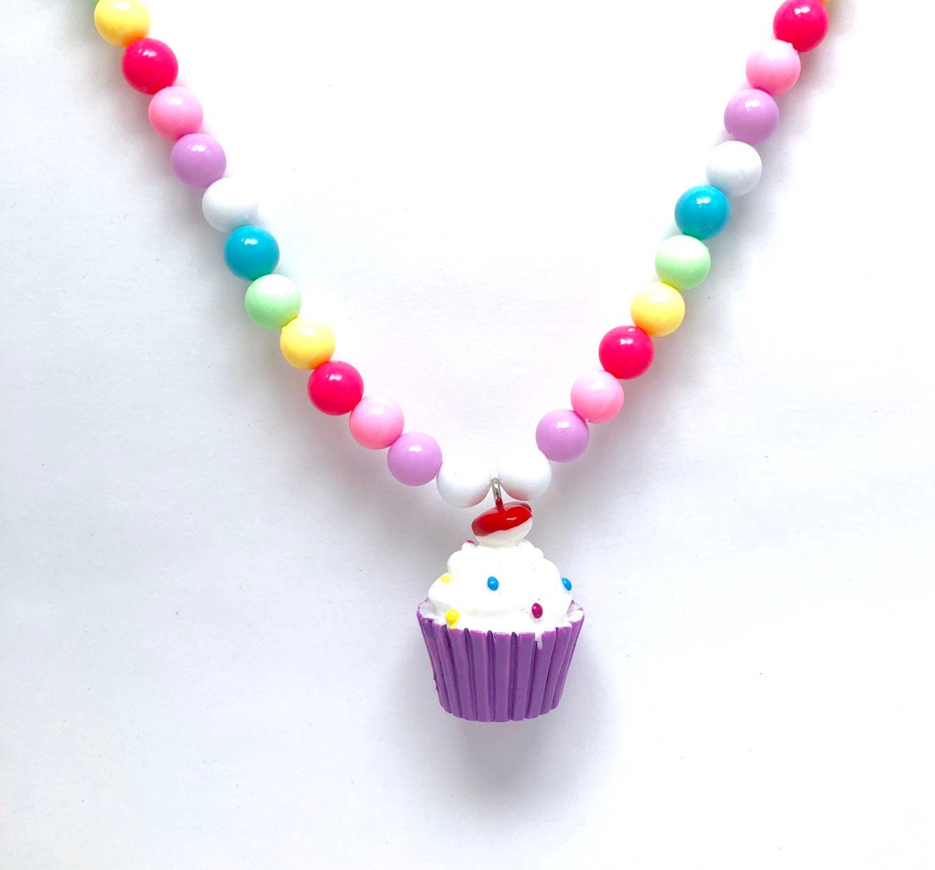 Cupcake necklace / toddler girl birthday gift/  pastel beaded necklace