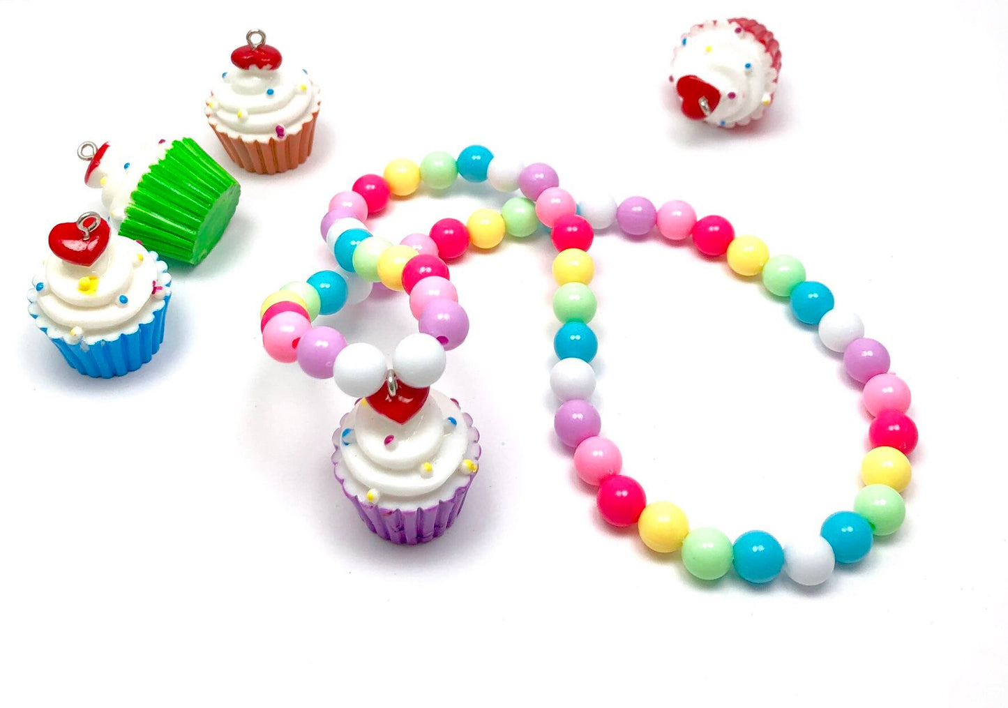 Cupcake necklace / toddler girl birthday gift/  pastel beaded necklace