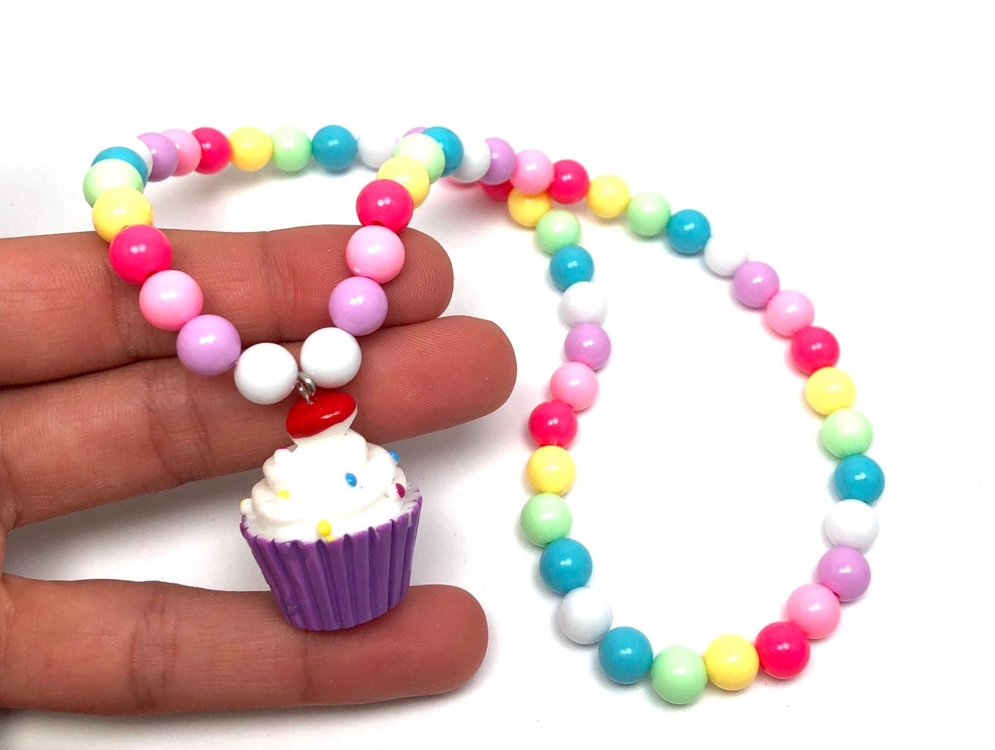 Cupcake necklace / toddler girl birthday gift/  pastel beaded necklace