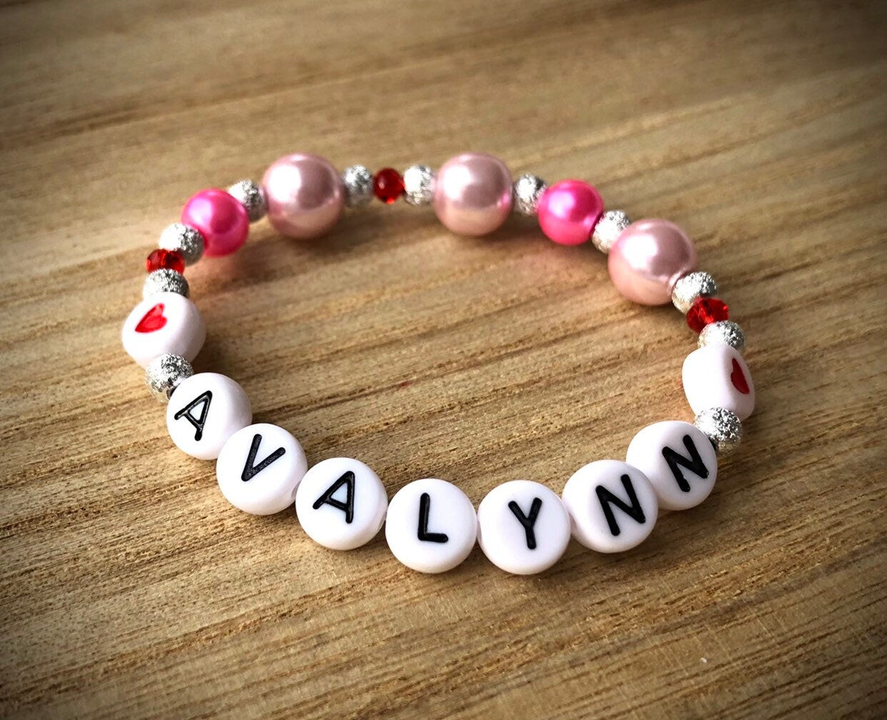 Valentine's Day gift for toddler girls / custom personalized pink pearl bracelet / heart jewelry