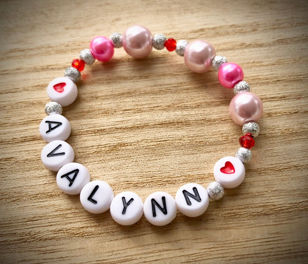 Valentine's Day gift for toddler girls / custom personalized pink pearl bracelet / heart jewelry