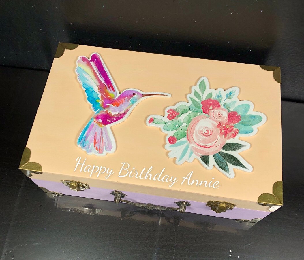 Wooden box with a hinged lid, kids memory box, kids time capsule, first birthday gift for girl, treasure box hummingbird flowers,