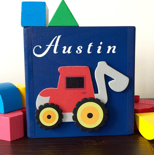 Wooden baby boy toy backhoe wooden tractor wooden farm vehicle ed tractor toy for babies educational shape sorter personalized admiral blue